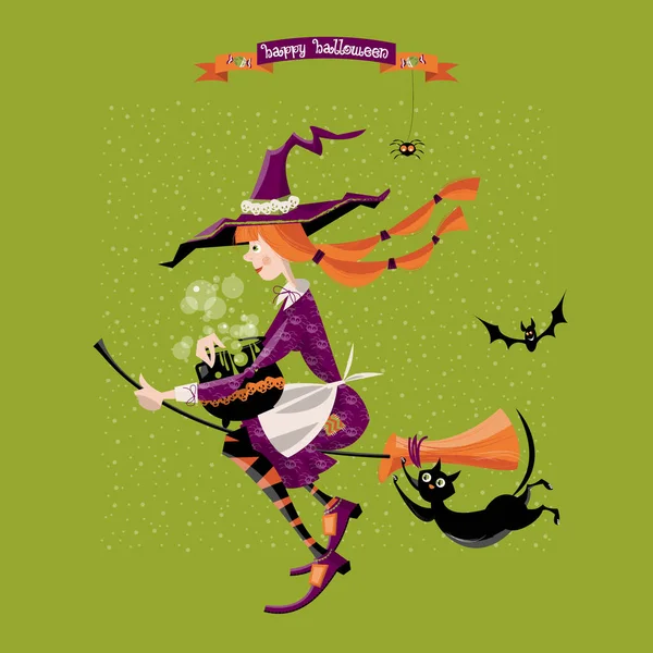 Mała Wiedźma Miotle Kotłem Kotem Wesołego Halloween Ilustracja Wektora — Wektor stockowy