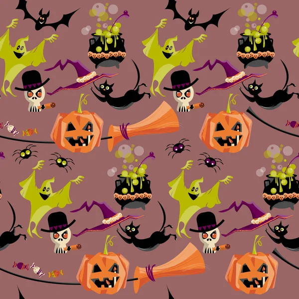 Set Traditional Halloween Elements Broom Cauldron Cat Hat Bat Candy — Stock Vector