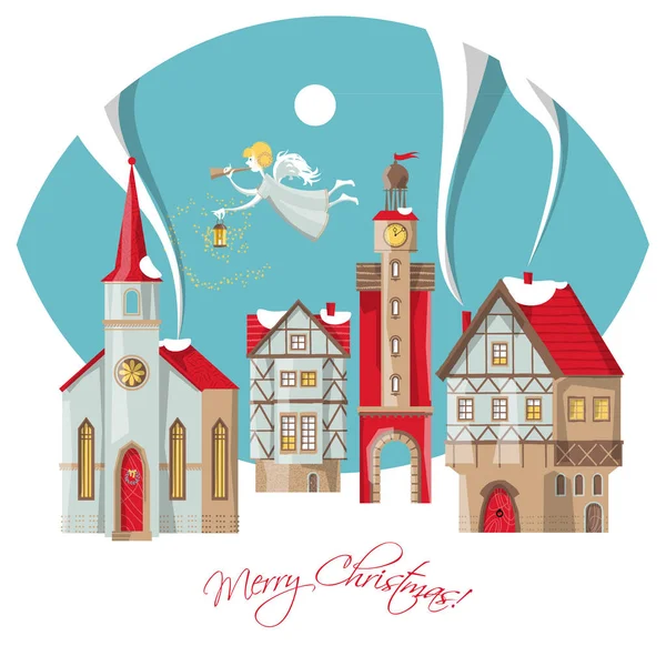 Noel Meleği Trompet Lambayla Kış Şehrinde Uçuyor Mutlu Noeller Vektör — Stok Vektör