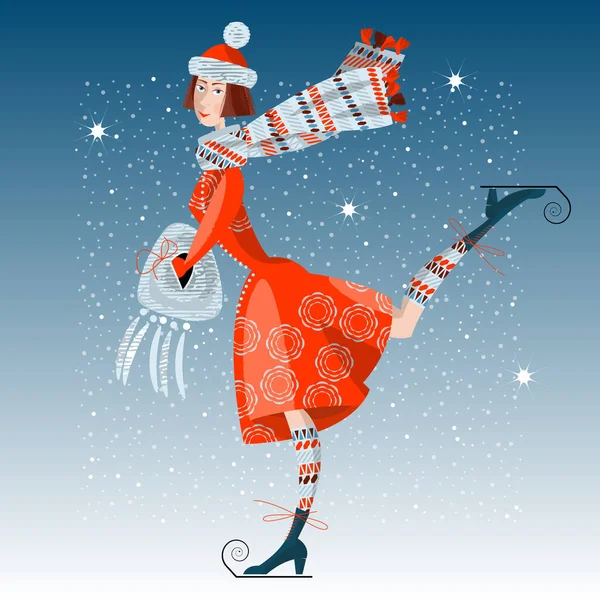 Une Fille Patins Carte Hiver Style Rétro Illustration Vectorielle — Image vectorielle