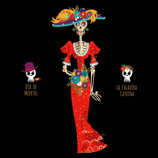 Calavera Catrina 优雅的骷髅Dia Muertos 墨西哥传统 矢量说明 — 图库矢量图片
