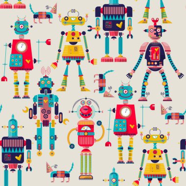 Farklı şekillerde ve farklı renklerde robotlar. Kusursuz arkaplan deseni. 