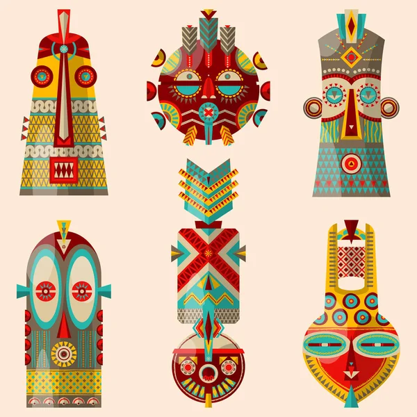 Máscaras Africanas Multicoloridas Diferentes Formas Ilustração Vetorial — Vetor de Stock