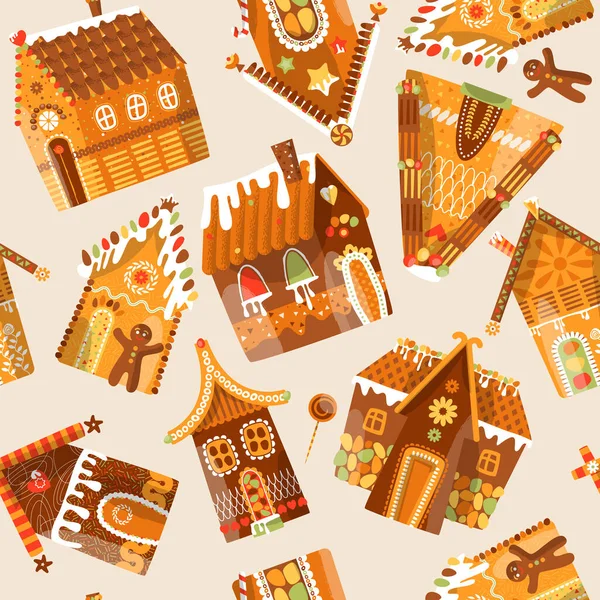 Feestelijke Peperkoeken Huizen Kersttraditie Naadloos Achtergrondpatroon Vectorillustratie — Stockvector