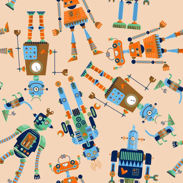 Robots Diferentes Formas Múltiples Colores Patrón Fondo Sin Costuras Ilustración — Vector de stock