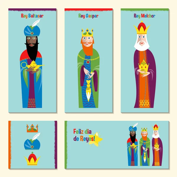 Ensemble Cartes Vœux Universelles Noël Langue Espagnole Avec Trois Rois — Image vectorielle