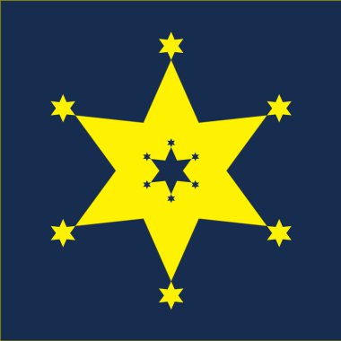 Altı köşeli yıldızlar etrafında küçük yıldızlar, sarı ve mavi