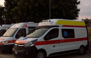 Arka planda ağaçlarla birlikte boş ambulanslar park edilmiş.