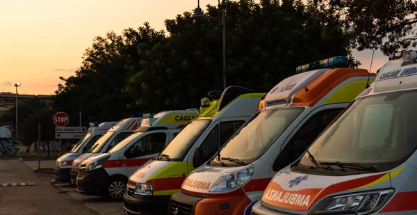 Cagliari Sardinia Italy September 2020 Some Ambulances Parked Outdoors Sunset — Stock Photo, Image