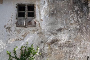 Aşınmış ahşap pencere çerçevesi / kepenkleri ve yeşil yaprakları olan İspanyol kır evinin yıpranmış duvarı. Eskimiş arka plan İspanyolca.