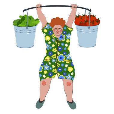 Kovalarca salatalık ve domatesli büyük anne bahçıvan. Vektör illüstrasyonu