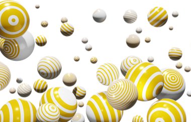 Tasarımlar ve pankartlar için fütüristik yansıma arkaplanının beyaz arka planında çeşitli şeritlerdeki sarı kürelerin 3D soyut çizimi