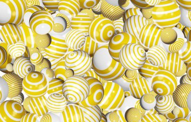 Tasarımlar ve pankartlar için fütüristik yansıma arkaplanının beyaz arka planında çeşitli şeritlerdeki sarı kürelerin 3D soyut çizimi