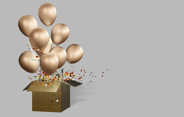 3d illustration Gold balloon with box and confetti bomb Realistic design ideas open cardboard box release helium balloon celebrate important day banner happy anniversary poster 3d object balloon  For designs and banners