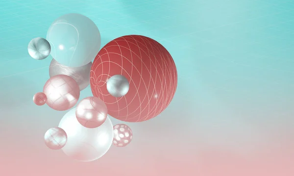 お祝いの3D球状イラストとパターン 3次元幾何学と抽象的な背景イラスト 楽しいデザイン広告バナーテンプレートボールや粒子と動的壁紙 高解像度3D図面印刷やウェブサイトのためのDes — ストック写真