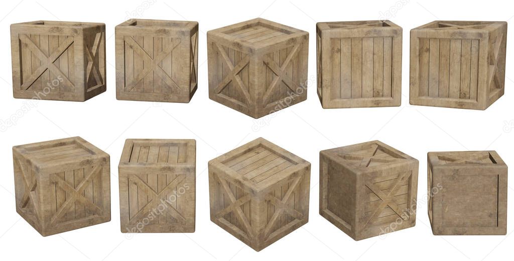 Wooden crates 3D illustrations isolated on white background.with Clipping Path ready to use for decoration.