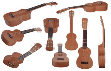 Ukulele 3D illüstrasyonları beyaz arkaplanda izole edildi. Kırpma Yolu dekorasyon için kullanılmaya hazır.