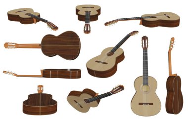 Akustik gitar 3D illüstrasyonları beyaz arkaplanda izole edildi. Clipping Path dekorasyon için kullanıma hazır.