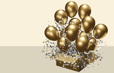 İçinde bir doğum günü balonu ve 3 boyutlu başarı kutlaması olan bir karton kutuyu aç. Ve yayınlar ve afişler için gökkuşağı çizimleri