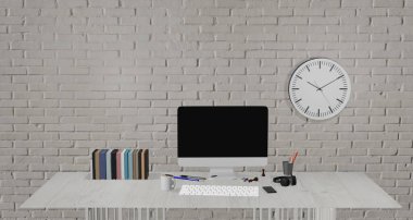 3D illüstrasyon, masa, hafif ahşap zemin, dizüstü bilgisayar, kalem, telefon, kulaklık ve malzemeler, yatacak yeri olan üst manzara, düz, sakin iş yeri