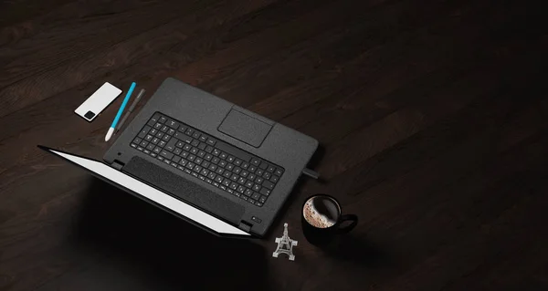 Иллюстрация Dark Wood Floor Desk Laptop Computer Pen Phone Supplies — стоковое фото