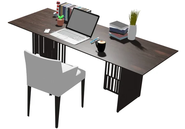 Modern Bureau Illustratie Met Decoraties Zoals Bomen Koffiemokken Boeken Stoelen — Stockfoto