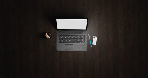 Иллюстрация Dark Wood Floor Desk Laptop Computer Pen Phone Supplies — стоковое фото