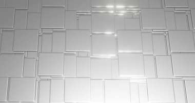 Grafik tasarımı için beyaz zemin üzerine karmaşık katmanlar halinde dizilmiş düz kareler ve kıvrımlı köşelerle üç boyutlu resimleme. Markalaşma ve Yayınlama