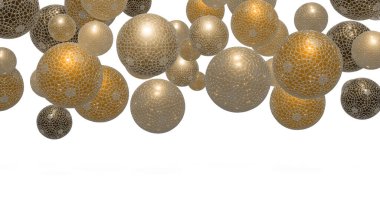 3 boyutlu küresel illüstrasyon ve kutlama düzeni, 3 boyutlu geometrisi olan soyut arkaplan illüstrasyonu, eğlenceli tasarım reklam afişi topları veya parçacıkları olan Dinamik duvar kağıdı şablonu. Yazdırma ve web sitesi için yüksek çözünürlüklü 3D çizim