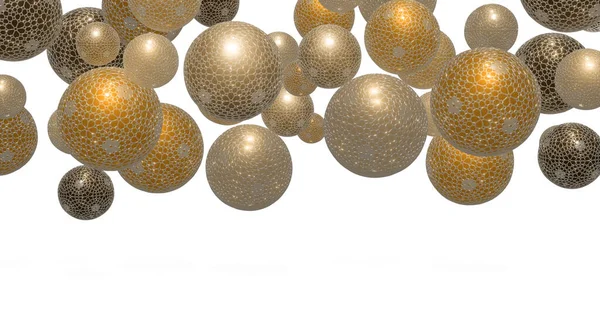 3 boyutlu küresel illüstrasyon ve kutlama düzeni, 3 boyutlu geometrisi olan soyut arkaplan illüstrasyonu, eğlenceli tasarım reklam afişi topları veya parçacıkları olan Dinamik duvar kağıdı şablonu. Yazdırma ve web sitesi için yüksek çözünürlüklü 3D çizim