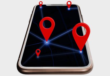 3D illüstrasyon, 3D izometrik cep telefonu, akıllı telefon harita uygulamasında tanımlandı. Kırmızı iğne, Mobil GPS harita navigasyon konseptini Clipping Path ile ayarladı. Dekorasyon için..