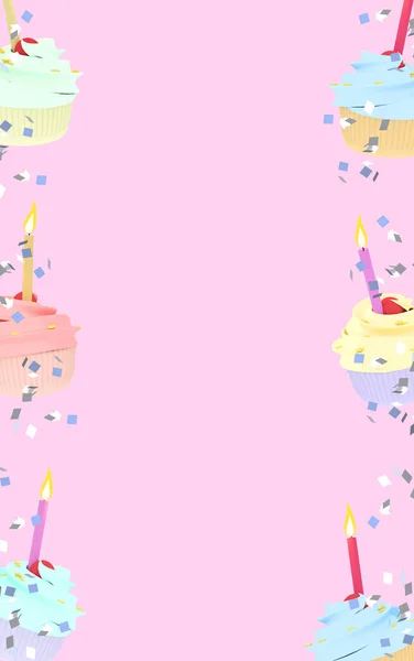 Ілюстрація День Народження Новорічні Кекси Барвисті Свічками Пластмасовому Тлі Дизайнерських — стокове фото
