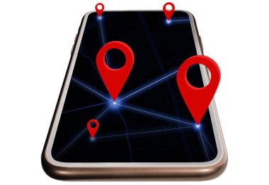 3D illüstrasyon, 3D izometrik cep telefonu, akıllı telefon harita uygulamasında tanımlandı. Kırmızı iğne, Mobil GPS harita navigasyon konseptini Clipping Path ile ayarladı. Dekorasyon için..