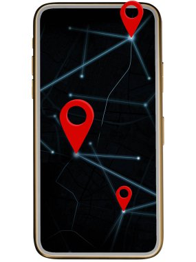 3D illüstrasyon, 3D izometrik cep telefonu, akıllı telefon harita uygulamasında tanımlandı. Kırmızı iğne, Mobil GPS harita navigasyon konseptini Clipping Path ile ayarladı. Dekorasyon için..