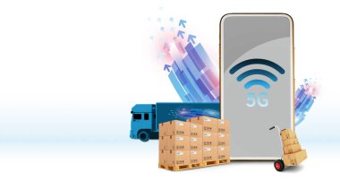 3D illüstrasyon, 5G telefon, kargo yarı karavan kamyon Online kablosuz bağlantı sistemi, yüksek hız iletişim konsepti, dağıtım arkaplanı, lojistik ulaşım, kopya uzay illüstrasyonu