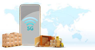 3D illüstrasyon, 5G telefon, kargo yarı karavan kamyon Online kablosuz bağlantı sistemi, yüksek hız iletişim konsepti, dağıtım arkaplanı, lojistik ulaşım, kopya uzay illüstrasyonu
