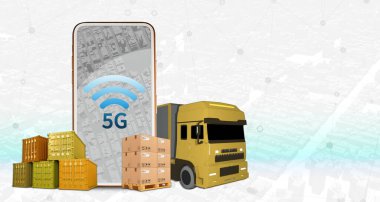 3D illüstrasyon, 5G telefon, kargo yarı karavan kamyon Online kablosuz bağlantı sistemi, yüksek hız iletişim konsepti, dağıtım arkaplanı, lojistik ulaşım, kopya uzay illüstrasyonu