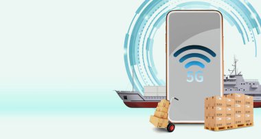 3D illüstrasyon, 5G telefon, kargo yarı karavan kamyon Online kablosuz bağlantı sistemi, yüksek hız iletişim konsepti, dağıtım arkaplanı, lojistik ulaşım, kopya uzay illüstrasyonu