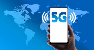3D illüstrasyon Yaratıcı arka plan, 5G telefon, şehir arkaplanı ve kablosuz bağlantı, 5G ağ konsepti, yüksek hızlı mobil internet, yeni nesil ağ, karışık ortam.