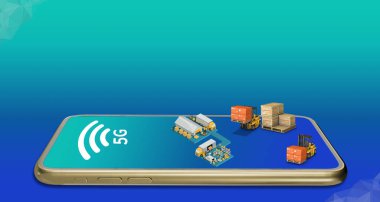 5G ağındaki bir akıllı telefona bağlı 3D illüstrasyon fabrikası sistem yapısı, çevrimiçi kablosuz bağlantı, endüstriyel depo, uluslararası nakliye ve palet kamyonu.