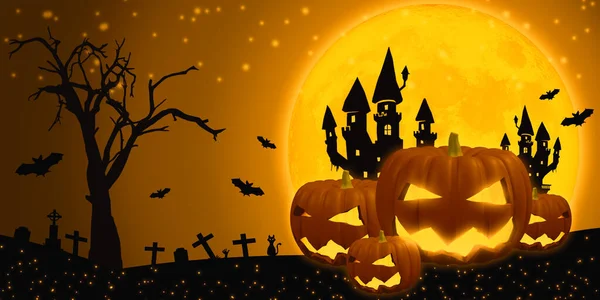 Illustration Glückliche Kürbisse Auf Orangefarbenem Halloween Hintergrund Mit Vollmond Fledermaus — Stockfoto