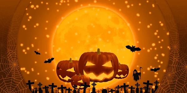 3Dイラストゴーストリリース夜にハロウィン幸せなカボチャでオレンジハロウィンの背景に満月のコウモリとクモの巣のための子供の休日のデザイン招待カードとバナー — ストック写真