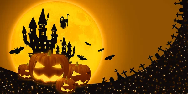 Illustrazione Zucche Felici Sfondo Arancione Halloween Con Luna Piena Pipistrello — Foto Stock