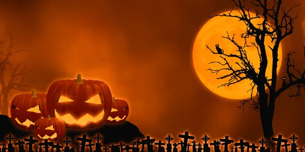 Illustrazione Sfondo Halloween Presenta Zucche Pipistrelli Scheletri Uno Sfondo Arancione — Foto Stock