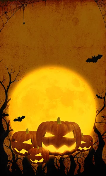 Illusztráció Boldog Sütőtök Narancssárga Halloween Háttér Telihold Denevér Pók Illusztrációk — Stock Fotó