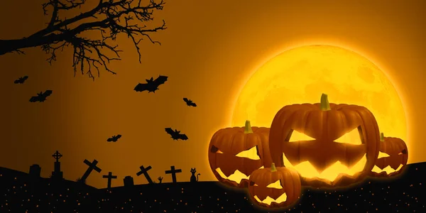 Illustratie Gelukkige Pompoenen Oranje Halloween Achtergrond Met Volle Maan Vleermuis — Stockfoto