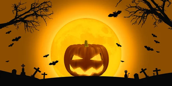 Illustration Glückliche Kürbisse Auf Orangefarbenem Halloween Hintergrund Mit Vollmond Fledermaus — Stockfoto