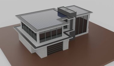 Güneş pilleri, modern ev, güneş enerjisi, 3 boyutlu illüstrasyon