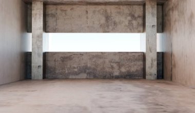 Boş oda, beton duvarlar ve zemin, sergi salonu, 3 boyutlu illüstrasyon