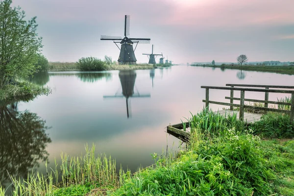 风车反射在运河风车村鹿特丹南荷兰荷兰欧洲 — 图库照片
